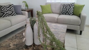 Ett vardagsrum med en beige soffa, mönstrade kuddar, ett soffbord med dekorativa föremål och en krukväxt.