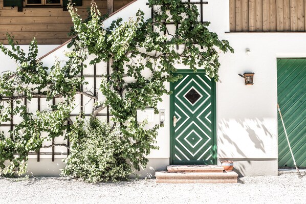 A building with a green door, a wooden staircase, and a small potted plant.