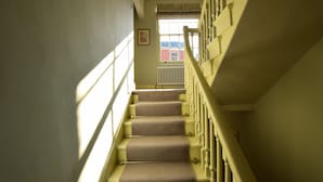A staircase with a handrail, carpeted steps, and a window with a view of a building outside. - 14 St Saviour's Place (York)