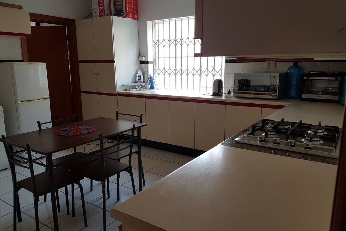 Fridge, microwave, electric kettle, toaster