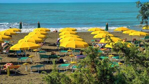A beach with rows of yellow umbrellas and green lounge chairs. - Happy Camp in Camping Village California (Montalto di Castro)