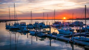 A marina at sunset with multiple boats docked.