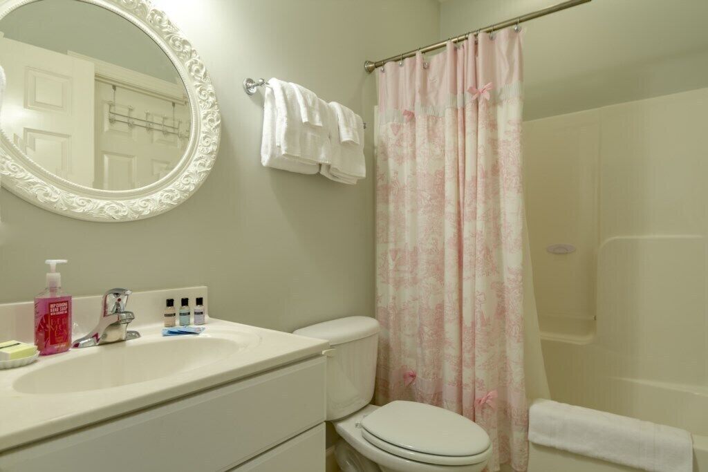 A bathroom with a white sink, a toilet, a shower curtain, and a mirror.