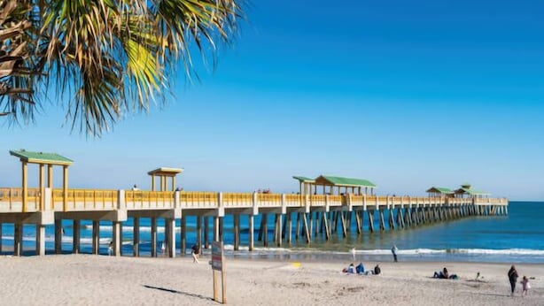 A pier extending into the ocean with beachgoers and palm trees.