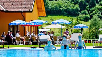 Seasonal outdoor pool, pool umbrellas, pool loungers