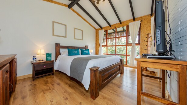 A wooden-framed room with a bed, bedside table, and a desk with a computer.