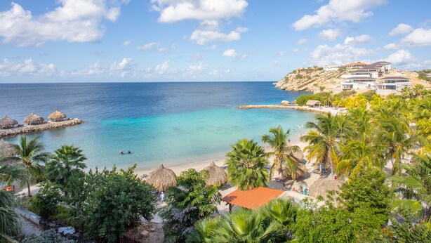 Um resort à beira-mar com praia, palmeiras e um edifício grande com várias varandas com vista para o mar.