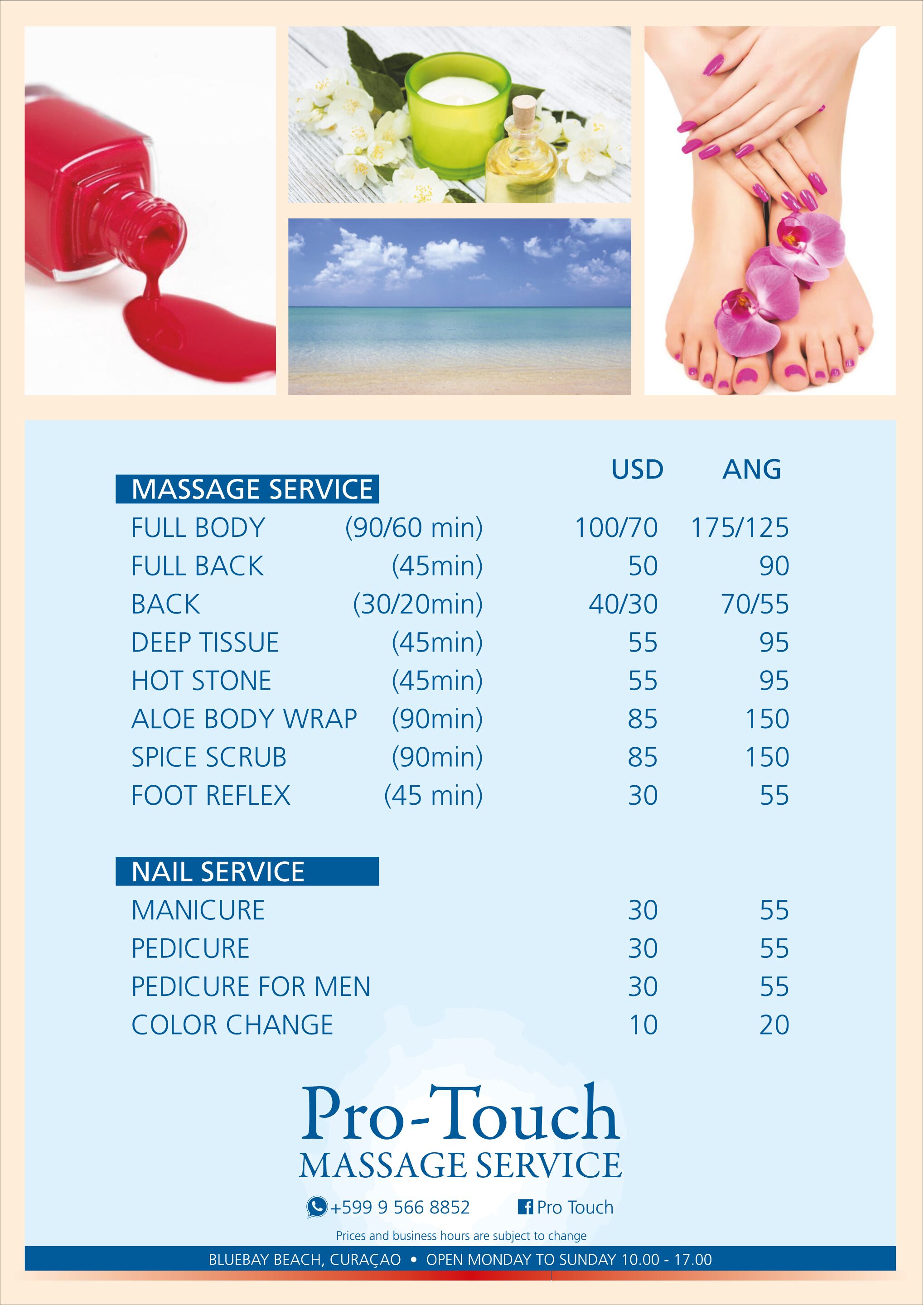 body treatments, massages on the beach, facials, manicures and pedicures