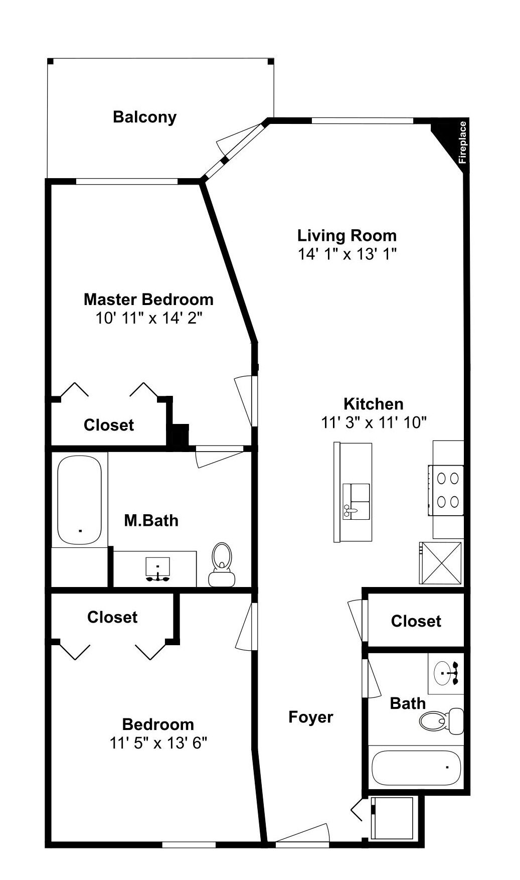 Een plattegrond met een hoofdslaapkamer, woonkamer, keuken, balkon en twee inloopkasten.