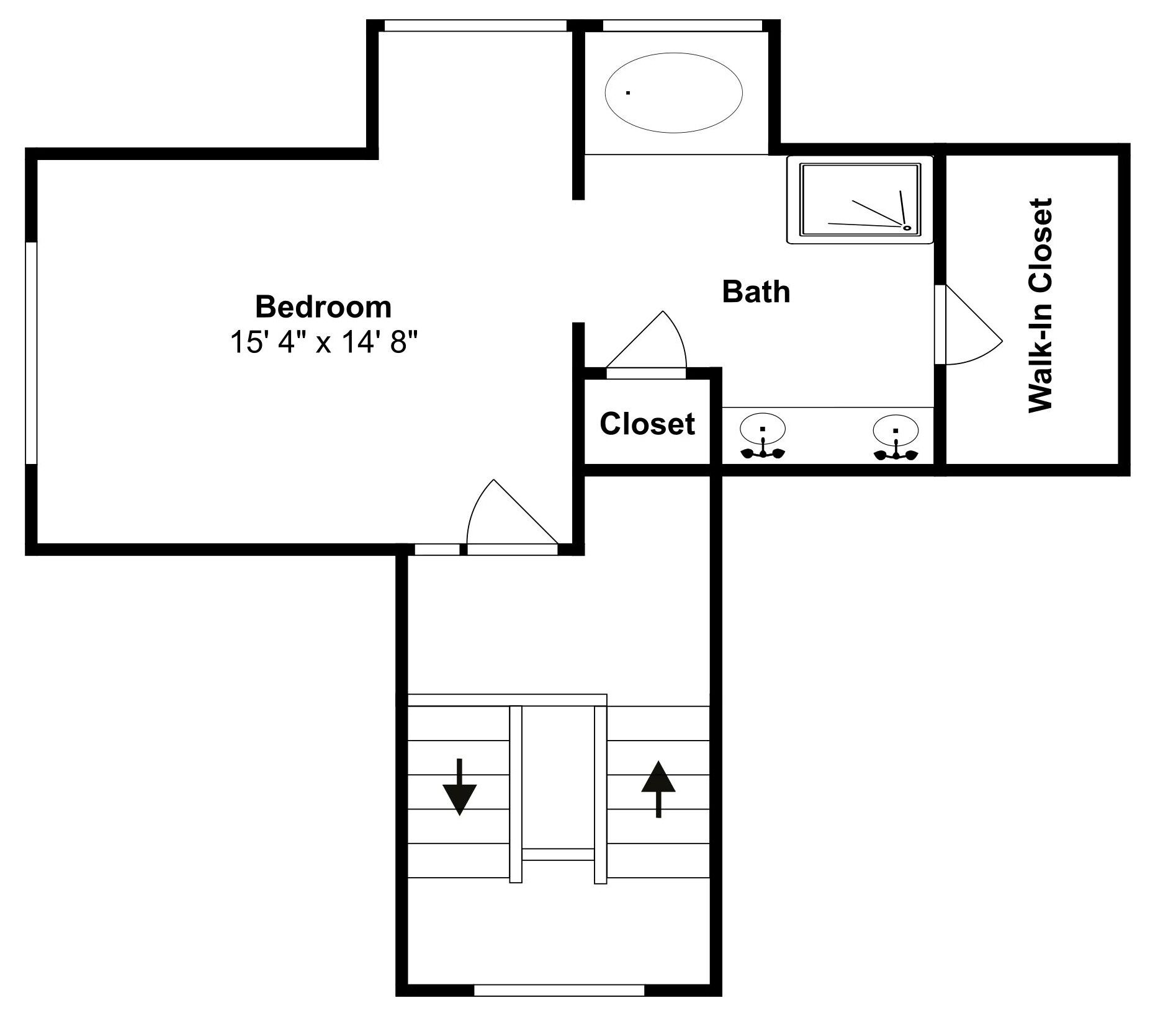 A floor plan of a hotel room with a bedroom measuring 15' 4" x 14' 8", a walk-in closet, a bathroom, and a closet with a shower.
