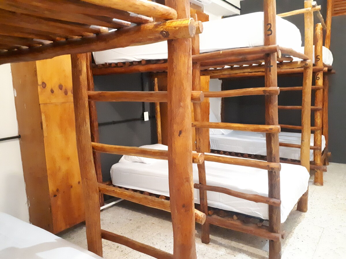 wooden bunk beds in dormitory accommodation of Straw Hat Hostel