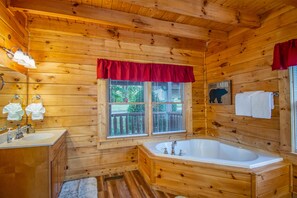 Combined shower/bathtub, jetted bath, hair dryer, towels