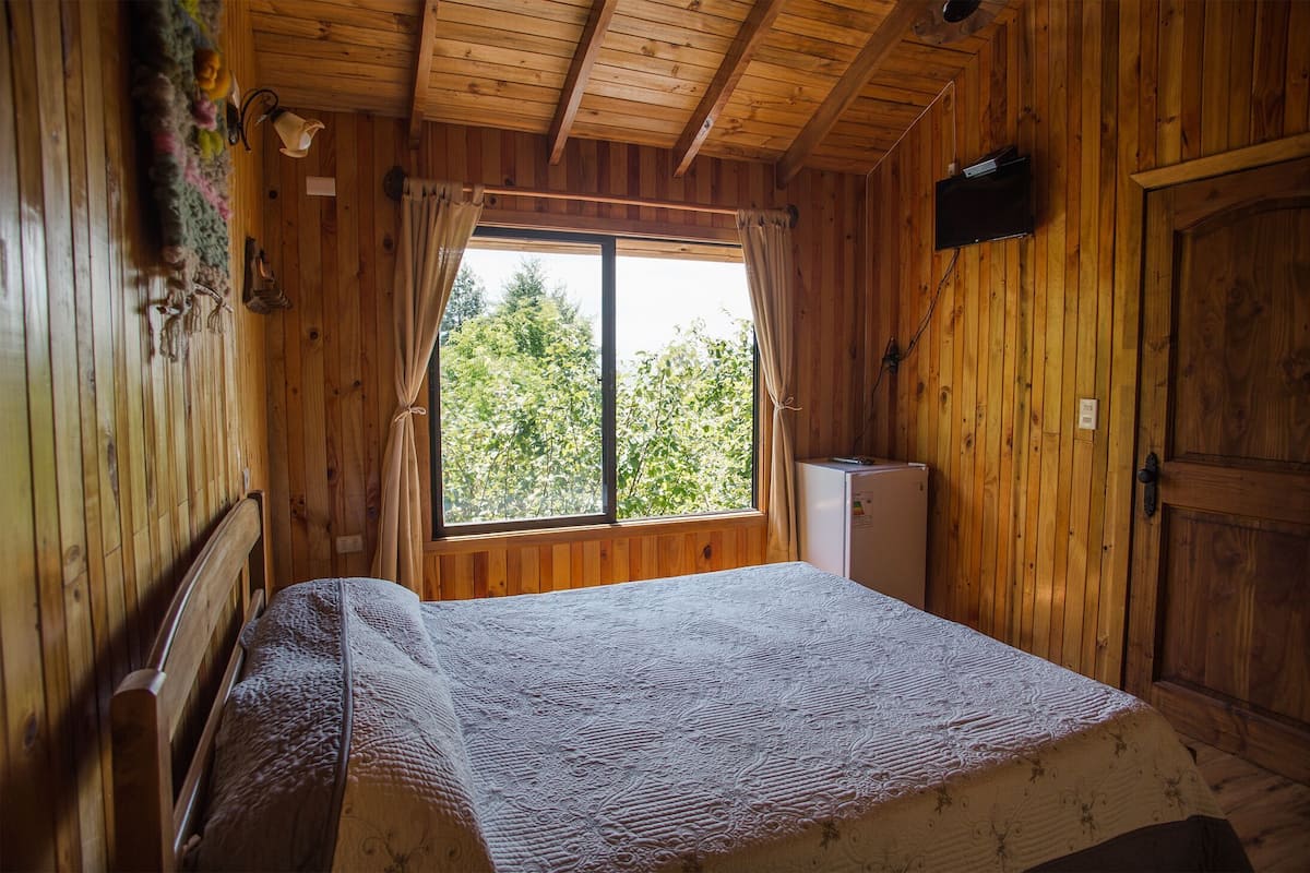 A wooden room with a bed, a window, and a television.