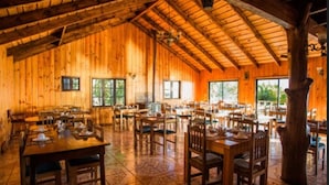 A rustic wooden dining area with multiple tables and chairs, large windows, and a tree trunk centerpiece. - Puchaley Lafquen (Panguipulli)