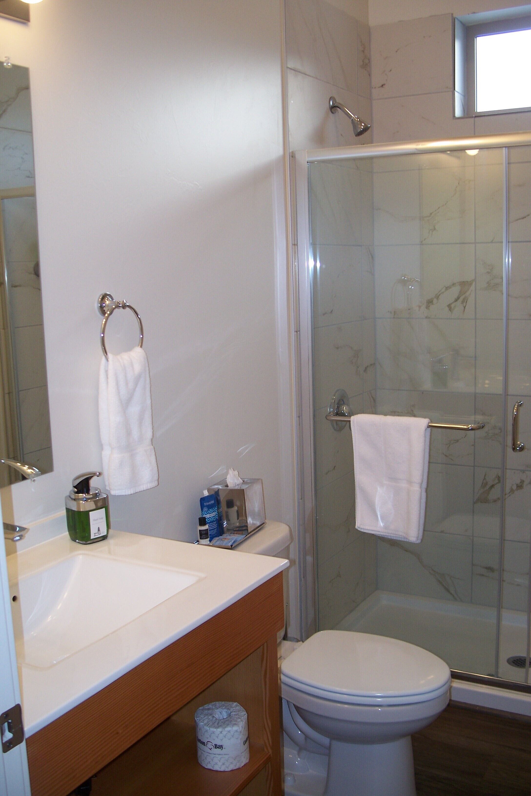 Ein Badezimmer mit Duschkabine, Waschbecken in Weiß und Toilette.