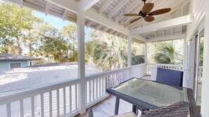Outdoor dining - Gated w/ Upscale Design + Screened-In Balcony, Outdoor Shower, EV Charger. Walk (Tybee Island)
