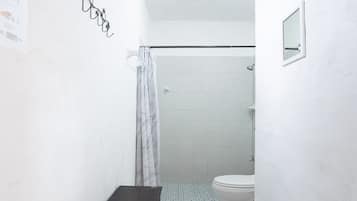A narrow bathroom with a toilet, a shower, and a bench.