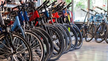 A row of bicycles in a store with a large window in the background.
