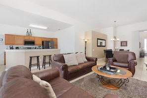 House, 5 Bedrooms, Private Pool (5 Bathrooms) | Living area | 50-inch flat-screen TV with cable channels, LCD TV, DVD player - Windsor Hills Magic Retreat-VillaDirect (Kissimmee)