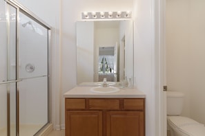 A bathroom with a glass shower enclosure, a vanity with a mirror, and a toilet.