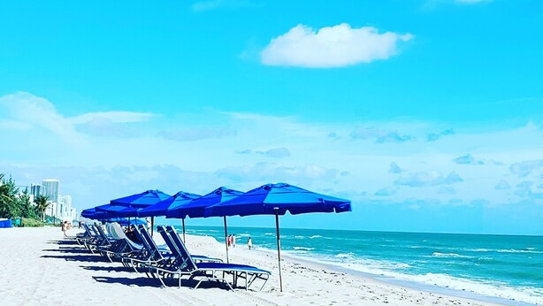 Een strand met rijen ligbedden en blauwe parasols, een heldere lucht en de oceaan op de achtergrond.