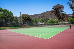 Una cancha de tenis con superficie roja y zona de juego verde, rodeada por una valla y árboles.