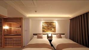 A hotel room with two beds, a wooden cabinet, a painting on the wall, and a window with curtains. - Hana Touro Hotel Gion (Kyoto)