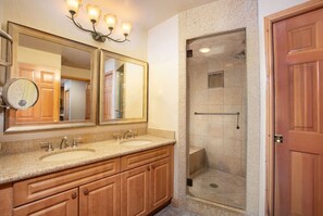 Jetted bath, hair dryer, towels, soap