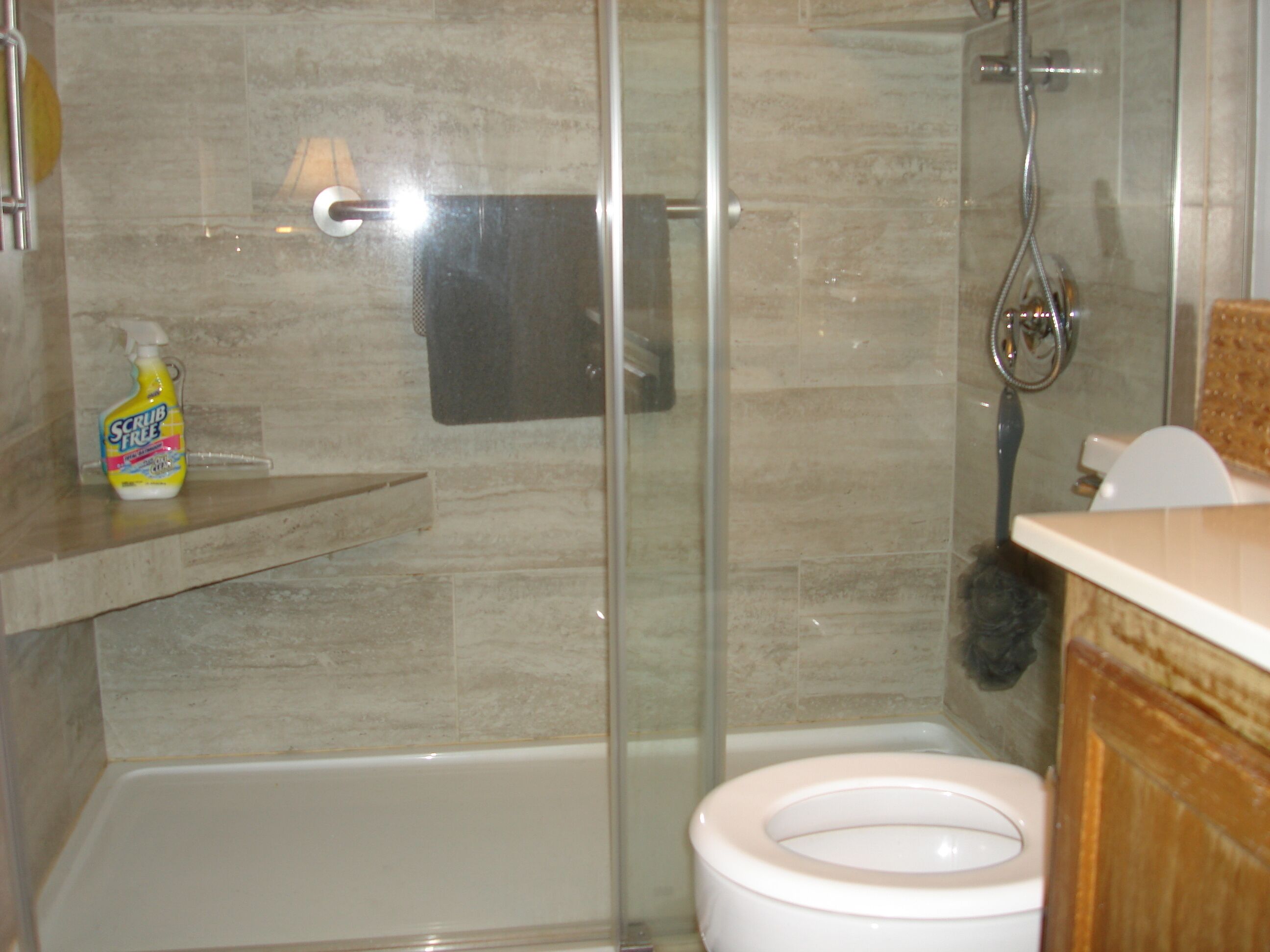 A bathroom with a glass-enclosed shower, a white toilet, and a shelf with a bottle of scrub free.