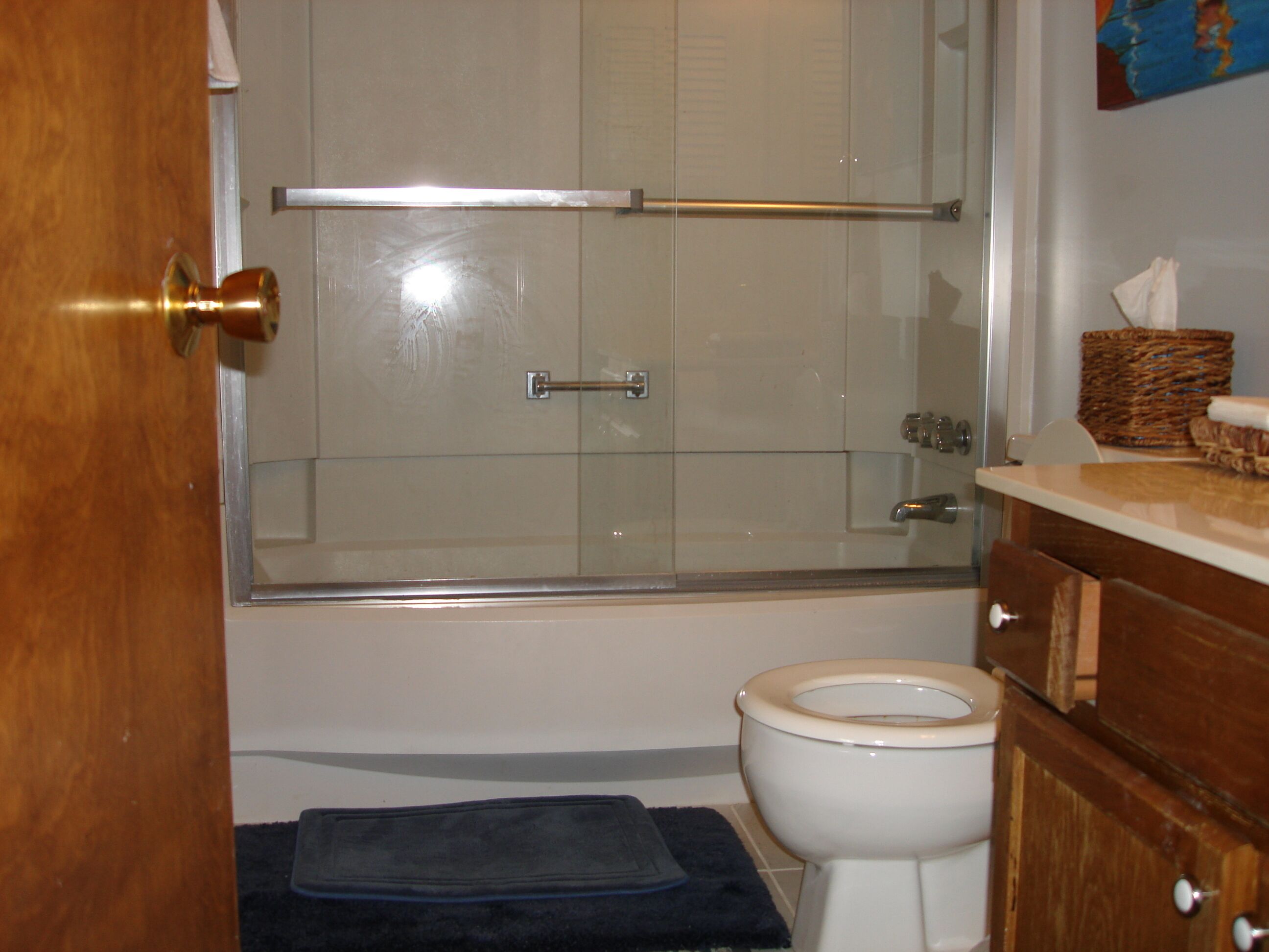 Un baño con cabina de ducha de vidrio, inodoro blanco y muebles de madera.