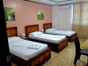 Desk, laptop workspace, free WiFi, bed sheets