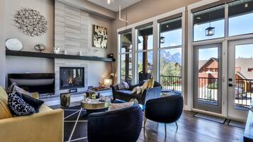 Televisión, chimenea, videojuegos, estéreo