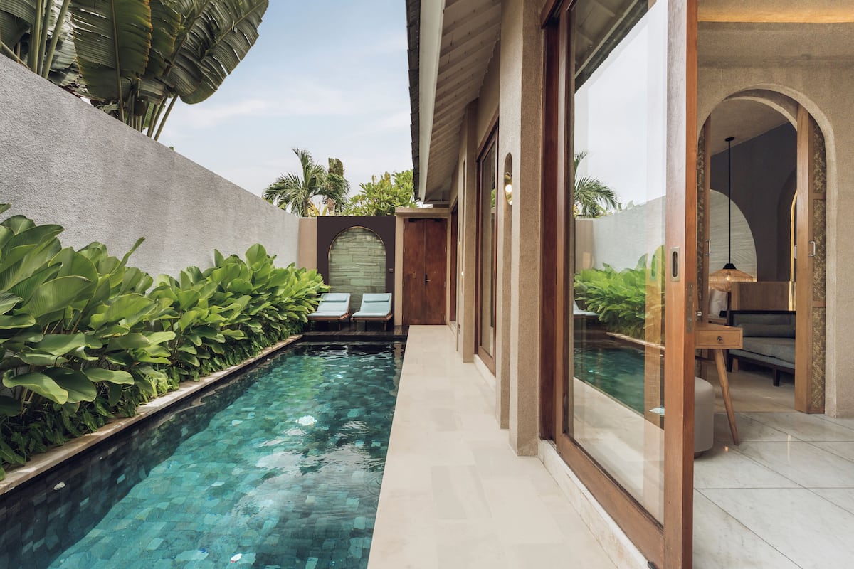 A swimming pool with lounge chairs, a concrete wall, and tropical plants.