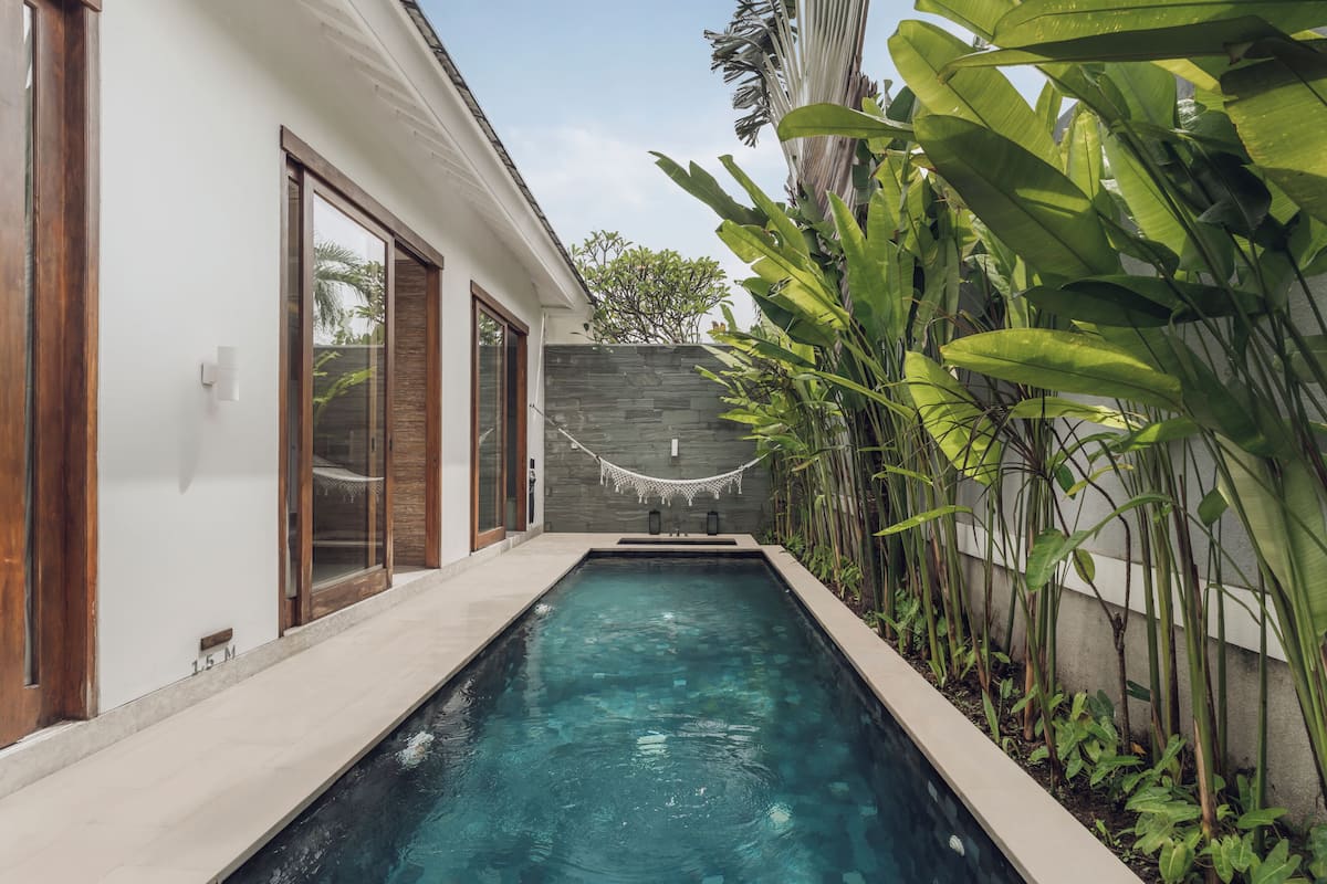 A swimming pool with a stone wall and tropical plants.
