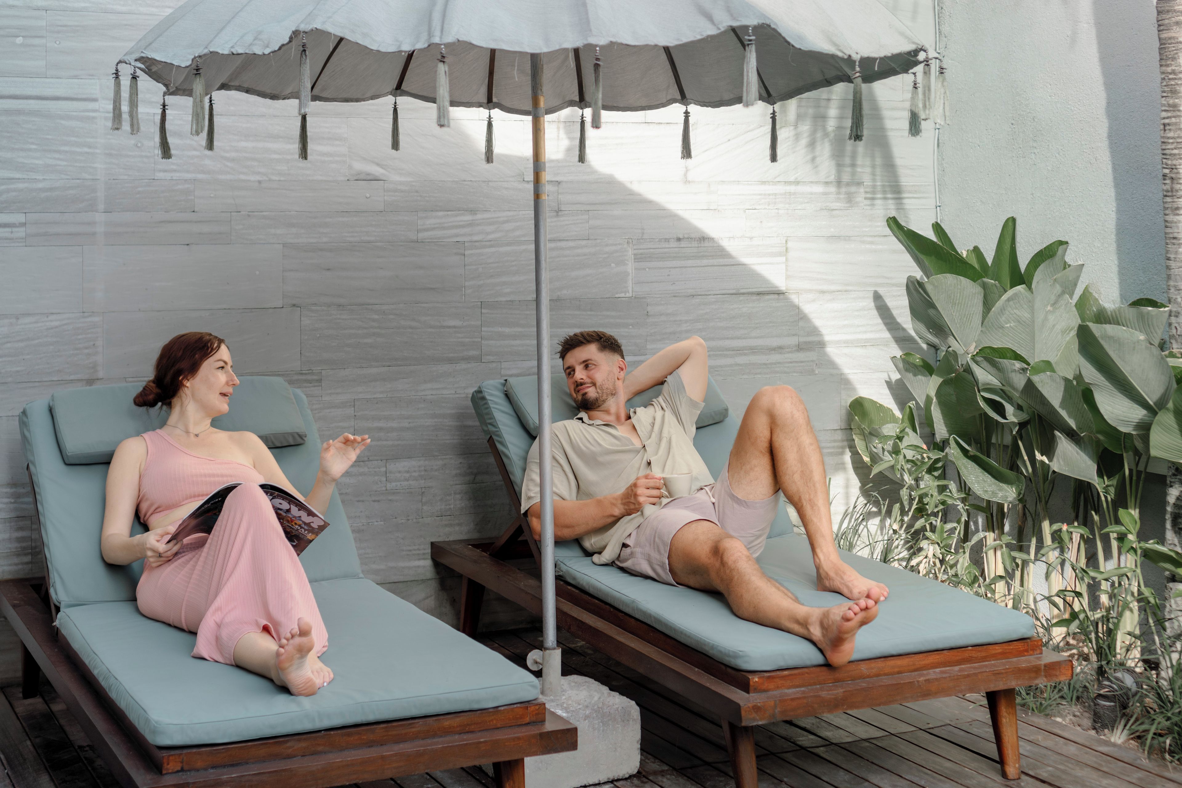 Dos sillones de descanso bajo un dosel, una terraza de madera y una planta en maceta.