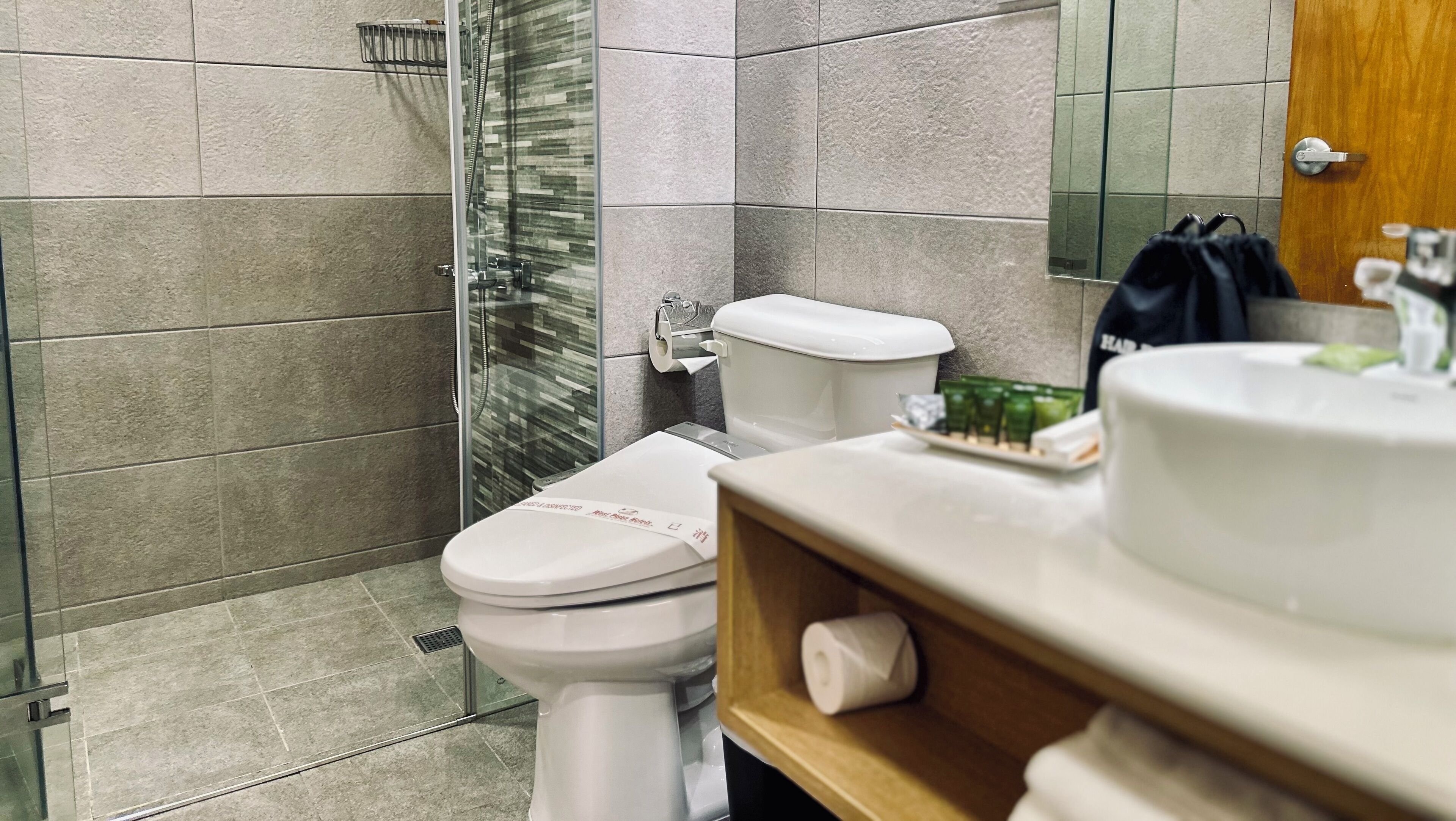 rainfall showerhead, free toiletries, hair dryer, bathrobes