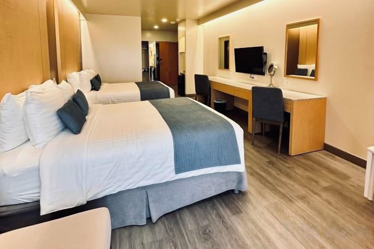 Una habitación de hotel con dos camas, un escritorio, una silla y un televisor.