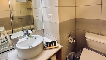 Un baño con lavamanos, espejo, inodoro y ducha.