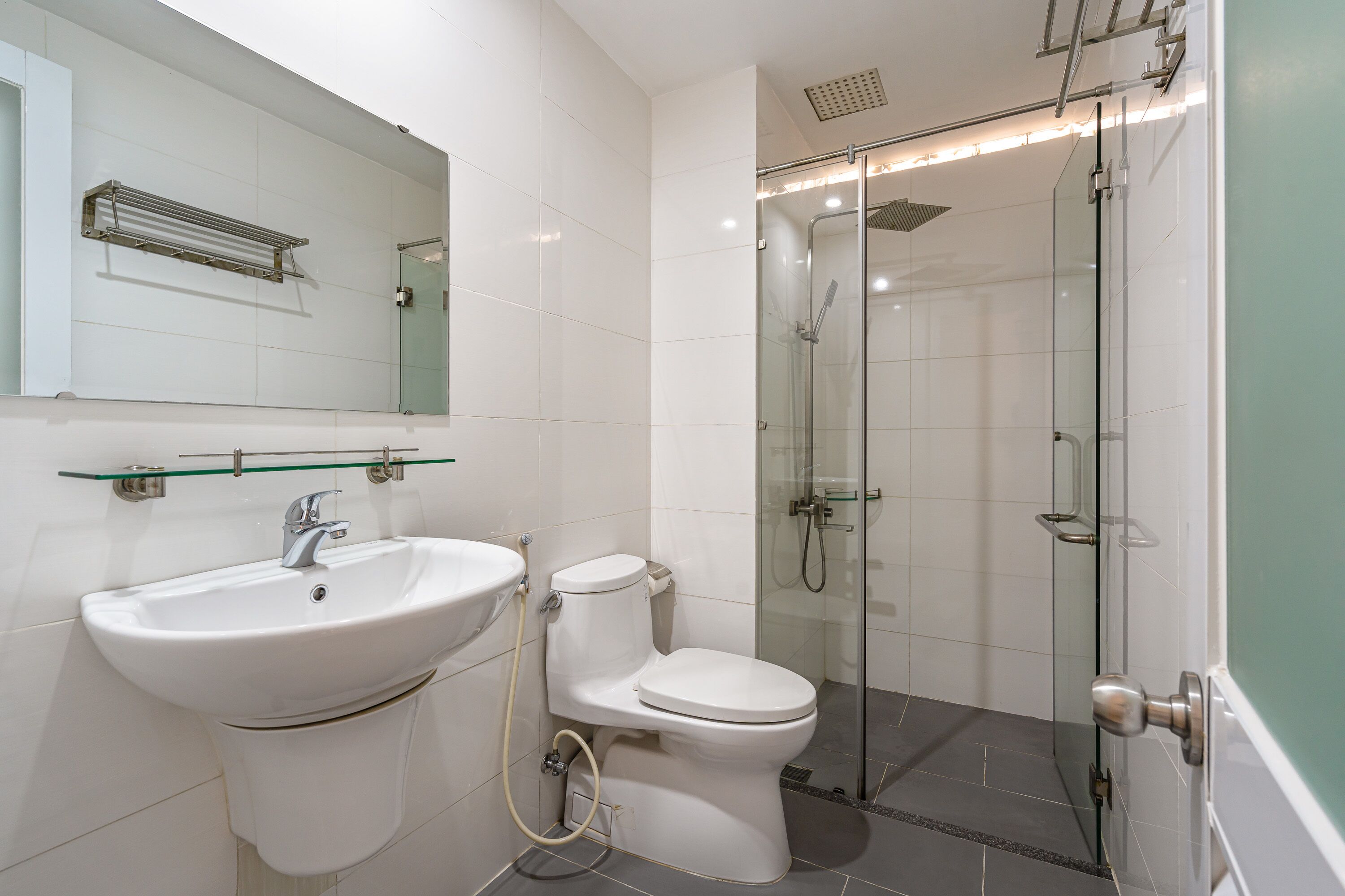 A modern bathroom with a glass shower enclosure, a white sink, and a toilet.