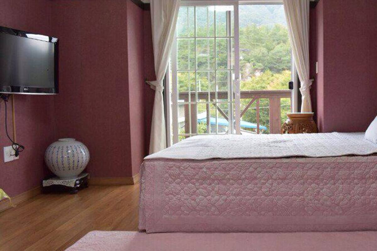 Ein Schlafzimmer mit einem Bett, einem Fernseher, einem Fenster mit Vorhängen und einem rosa Sofa.