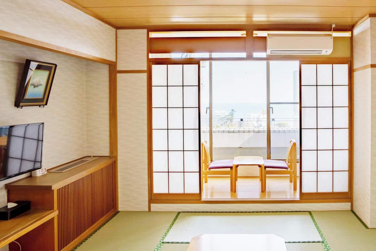A traditional Japanese room with tatami flooring, a television, a sliding door, and a view of the city.