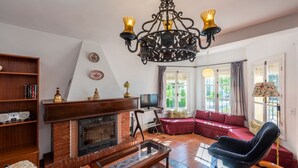A living room with a fireplace, a sofa, a television, and a bookshelf. - El Olivo de Macharaviaya by Ruralidays (Málaga)