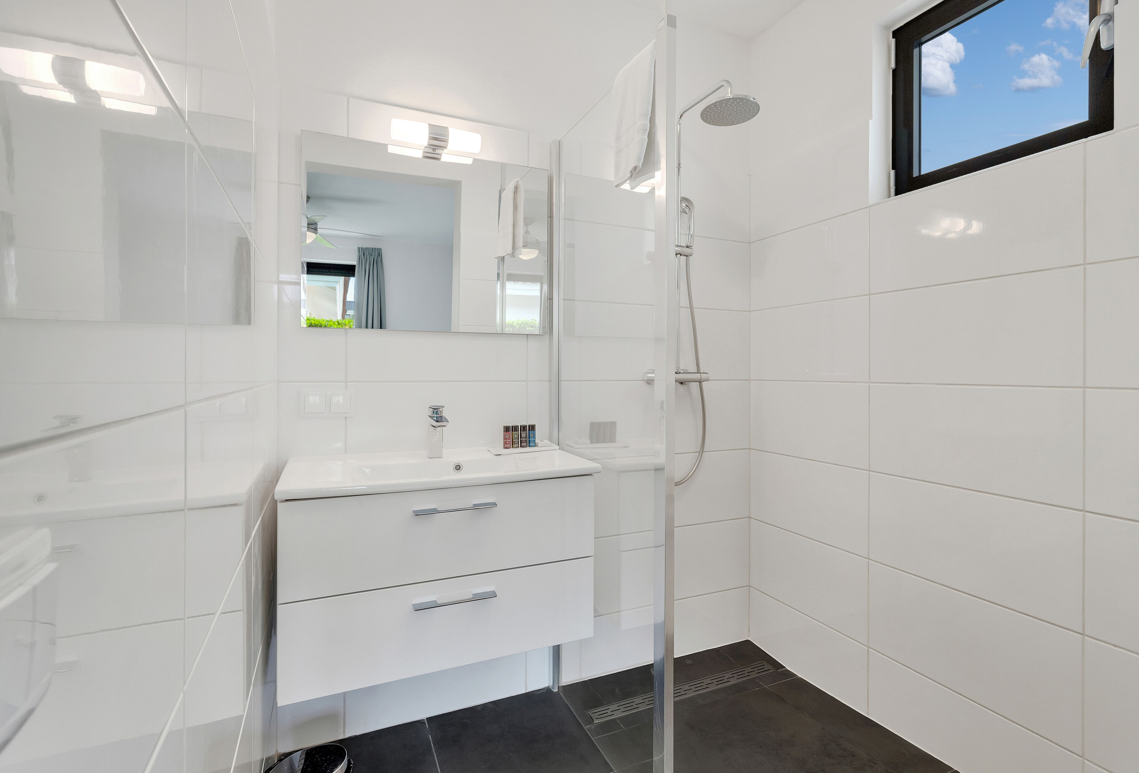 shower, rainfall showerhead, towels