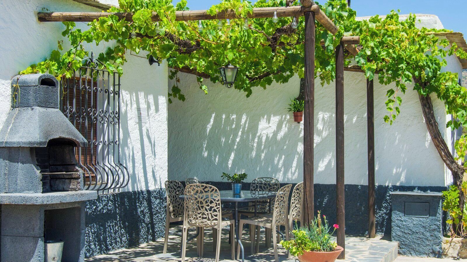 A patio with a table and chairs, a stone oven, and a pergola with vines.
