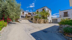 A narrow street with white buildings, stone walls, and lush greenery. - Balcón de Válor 3 by Ruralidays (Granada)