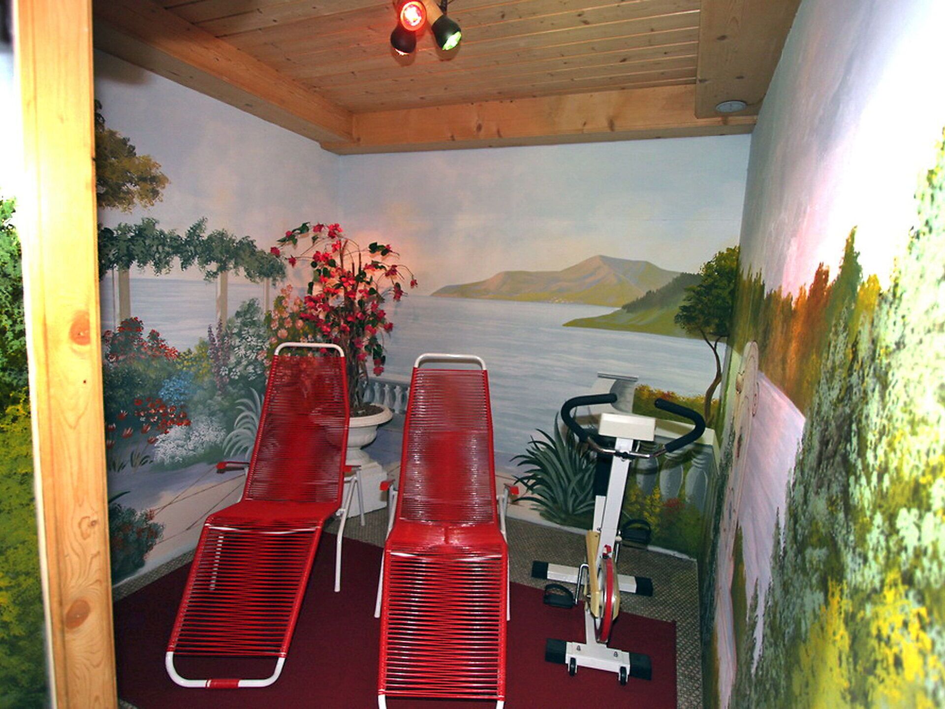 Una habitación con dos sillones rojos, una mesa de masajes, una bicicleta estática y un mural de un lago y montañas.