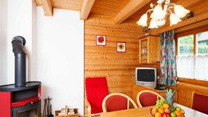 A cozy cabin interior with a wood-burning stove, a dining table with fruit, a television, and a red chair. - Lovely apartment in villa for 4 guests with pool, WIFI, TV, terrace and pets allowed (Schlierbach)