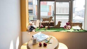 A window view of a cityscape with a small table in the foreground featuring a coffee mug, a book, and a rose. - Anping Pet Island (Tainan)