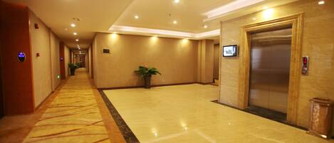 A hotel corridor with a marble floor, an elevator, and a potted plant.