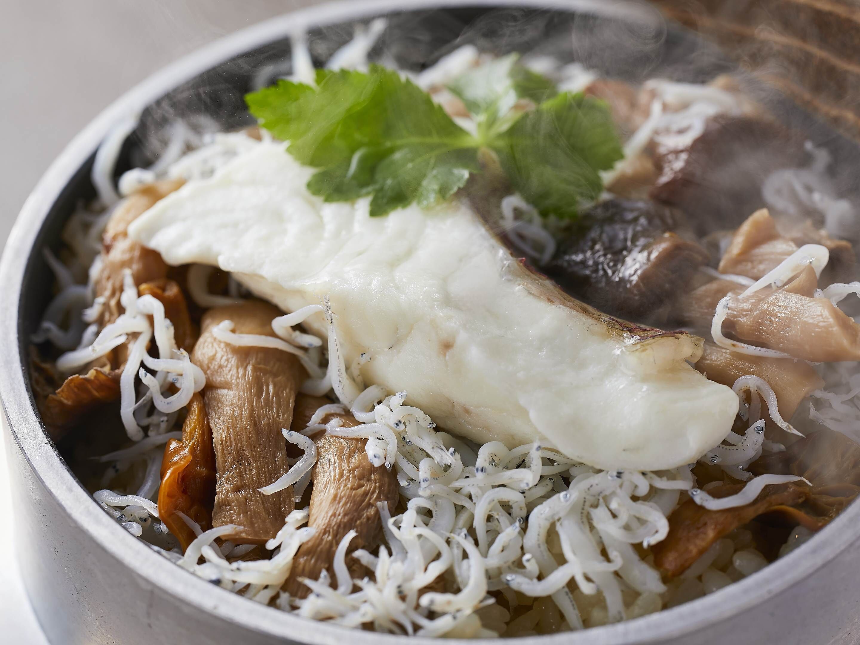 Eine Schüssel mit Essen, darunter Fleisch, Reis und einer Garnitur.